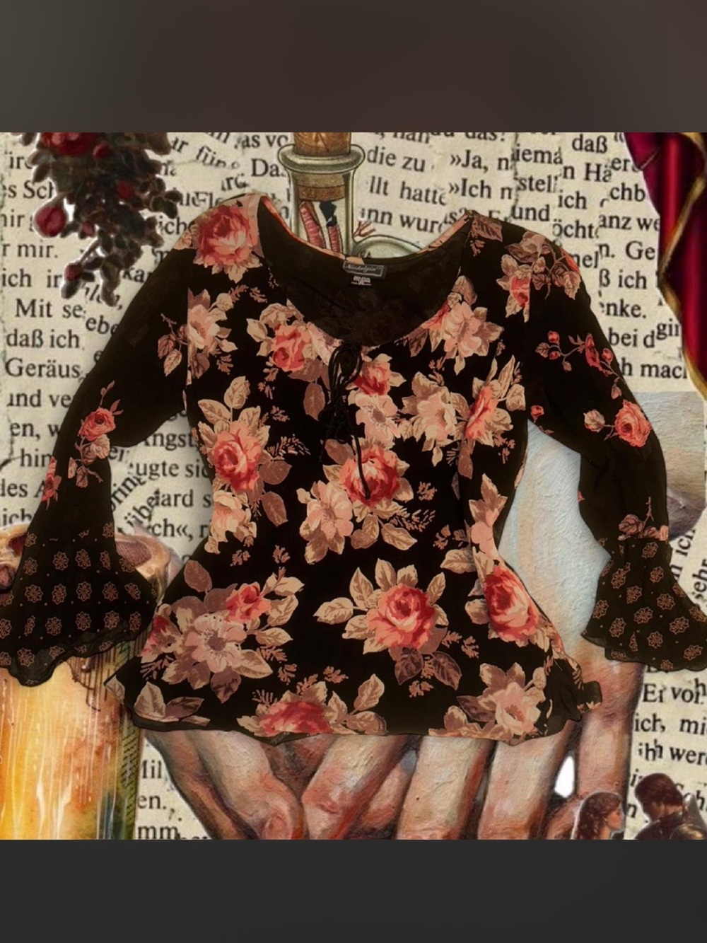 Vintage Y2k Nostalgia Romantic floral blouse w pink/beige roses & bell sleeves